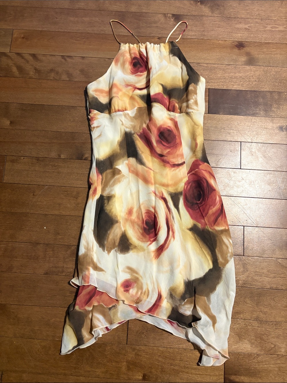 Vintage Asymmetric Floral Mini Dress in Cream, Red and Brown
